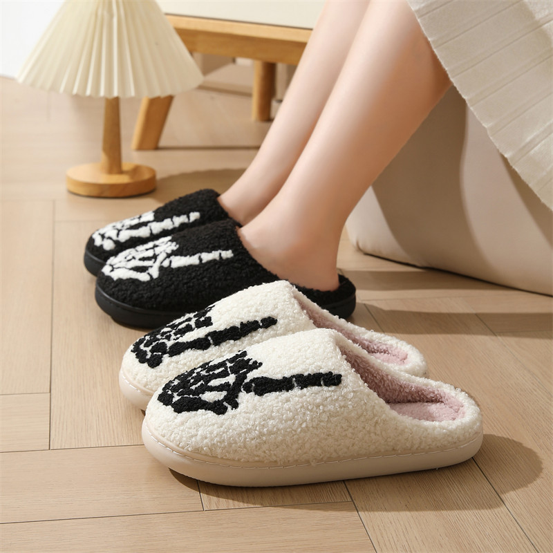 Skull Finger Pattern Skull Embroidery stuffed Home Platform Cozy Wool Cotton Slippers Rock Finger Warm Non-slip Indoor Slippers S044_voghion.com