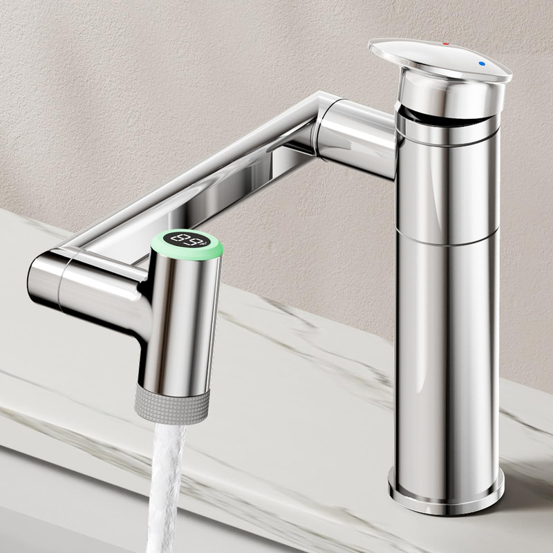 1080 ° Rotating Single-Hole Bathroom Countertop Faucet with Temperature Display Function, Single-Handle Bathroom Sink Faucet