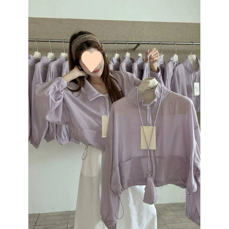 2025 Корейский стиль, простая весенне-летняя универсальная повседневная куртка на молнии с воротником-стойкой и шнурком, тонкая короткая куртка для женщин