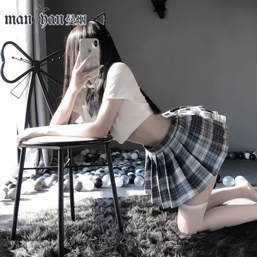 Manyan sexy lingerie sexy split student outfit JK uniform top plaid pleated skirt suit 9940