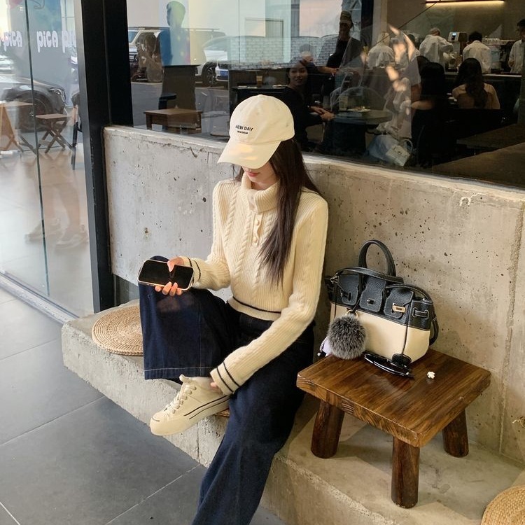 小个子秋冬新款慵懒上衣女设计感立领杏色麻花厚高领毛衣白色其他