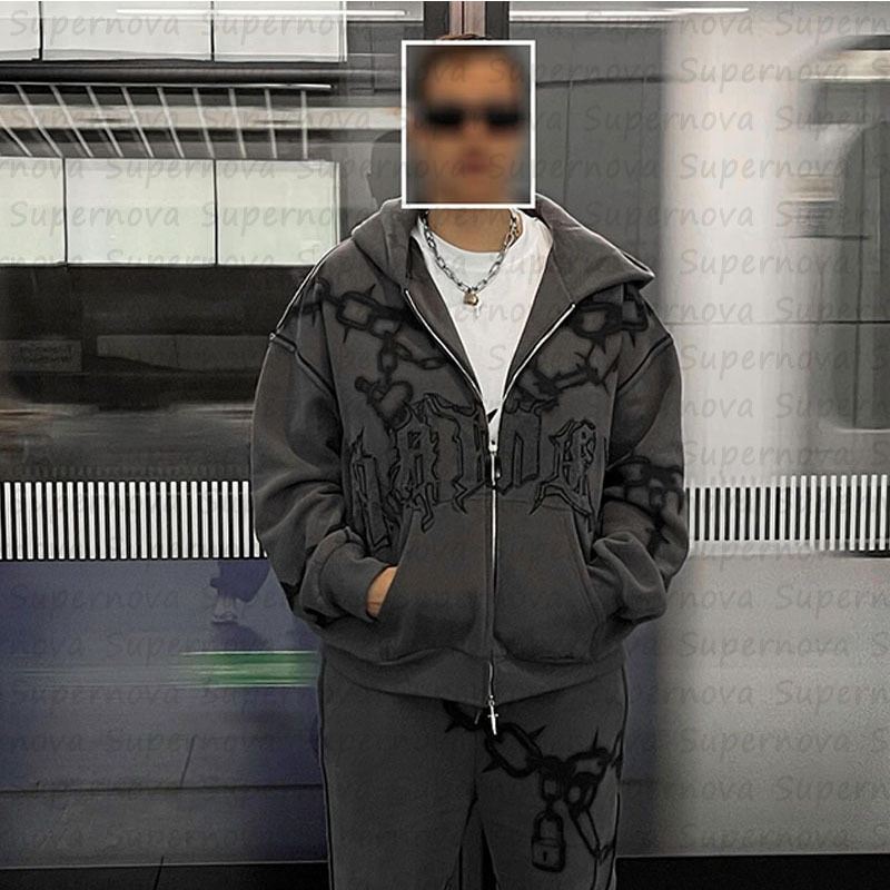 Heren- en dameshoodie met losse High Street-letterpatch en ritssluiting met trendy merkopdruk, vest in dezelfde stijl_voghion.com