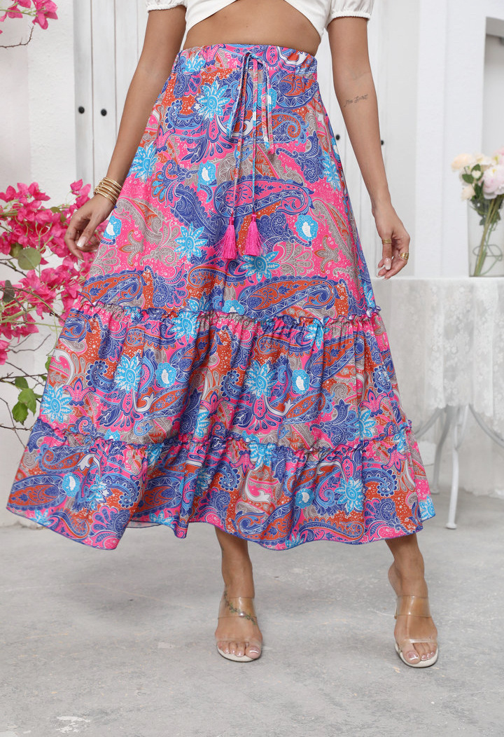 Real Shot Of Cross-border Foreign Trade 2025 Summer New Bohemian Resort Style Printed Flared Skirt For Women_ecoleips.com