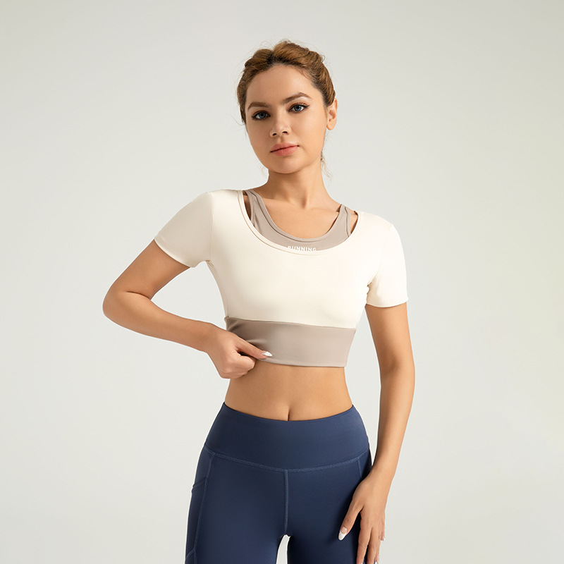 Área transfronteriza, doble pieza de yoga de manga corta sin bra, camisa deportiva