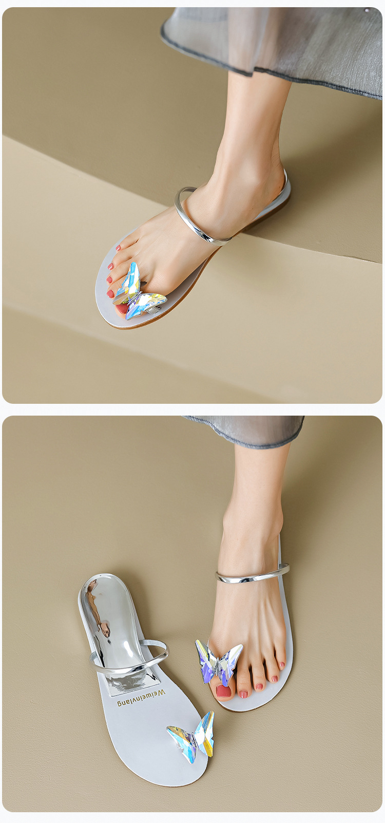 Open Toe Sandals For Women Summer New Fashion Butterfly Rhinestone One Line Flat Slippers With Clip Large Size_voghion.com