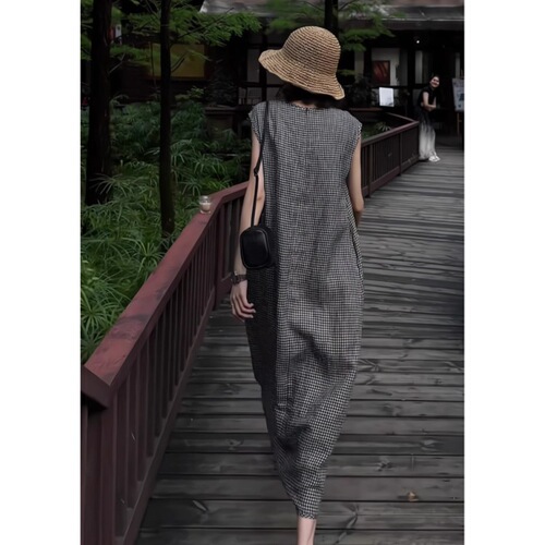 2025 summer new style retro simple strapless linen dress, pear shaped slimming all-match temperament plaid straight skirt