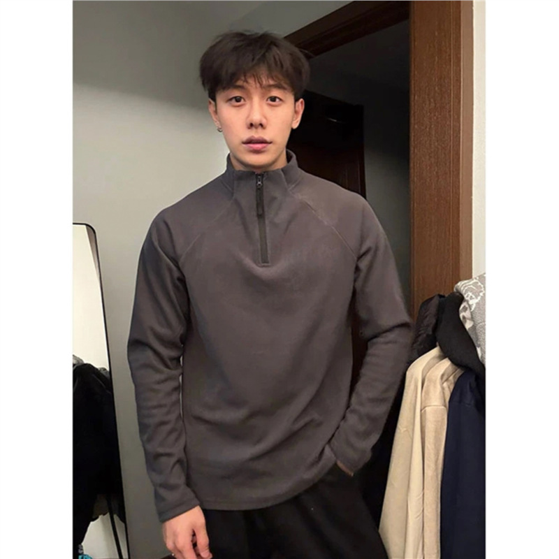 아메리칸 스타일 하프 지퍼 양털베이스 셔츠 남자의 가을과 겨울 클렌핏 스포츠 스웨터 하프 하이 칼라 롱 슬리브 티셔츠