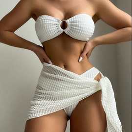 2026比基尼套装白色性感围裙三件套抹胸露背亚马逊泳装泳装套装