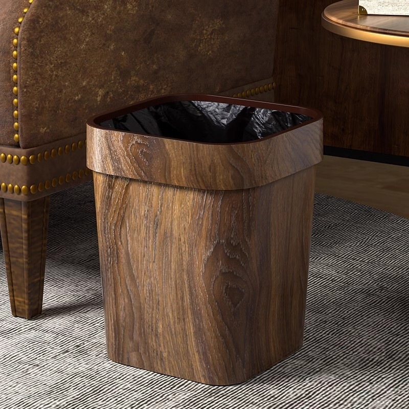 Vintage Imitation Wood Grain Trash Can for Home Kitchen, Bathroom, Creative Use in Living Room, Bedroom, Office, Large Size, Light Luxury