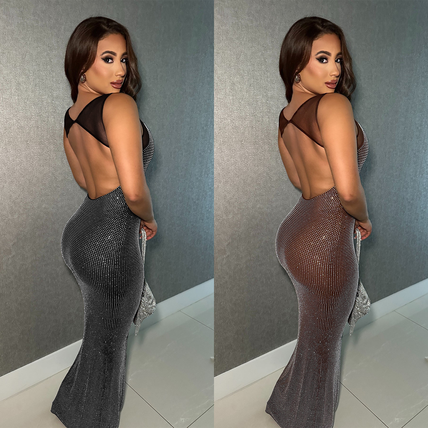 C7551 cross-border AliExpress Amazon Europa y América moda femenina sexy malla de diamantes brazo vestido de espalda abierta image 3