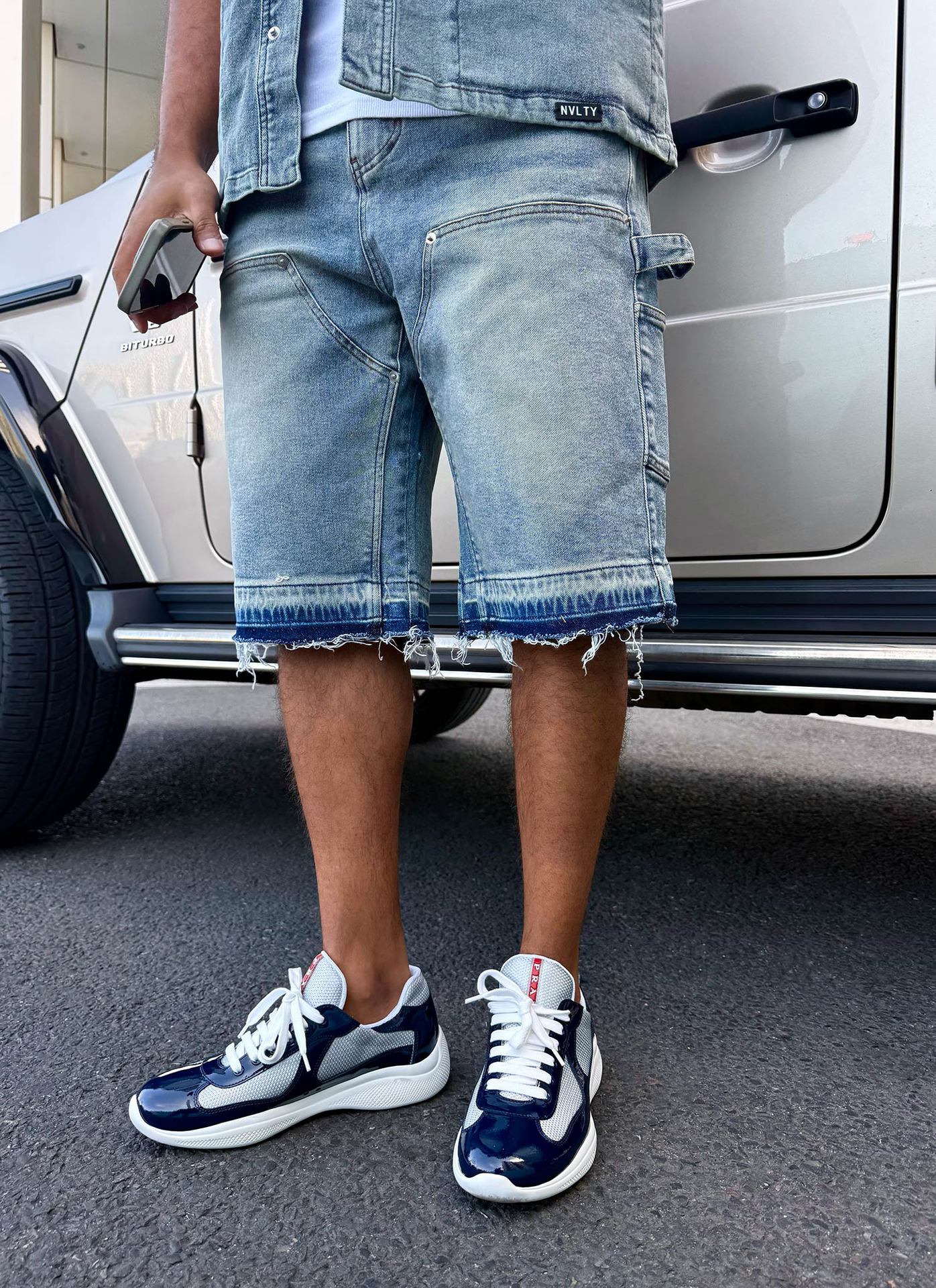 Men's Low Waist Loose Straight Leg Denim Shorts Blue Washed Raw Edge Casual Summer Shorts_mkmklike.com