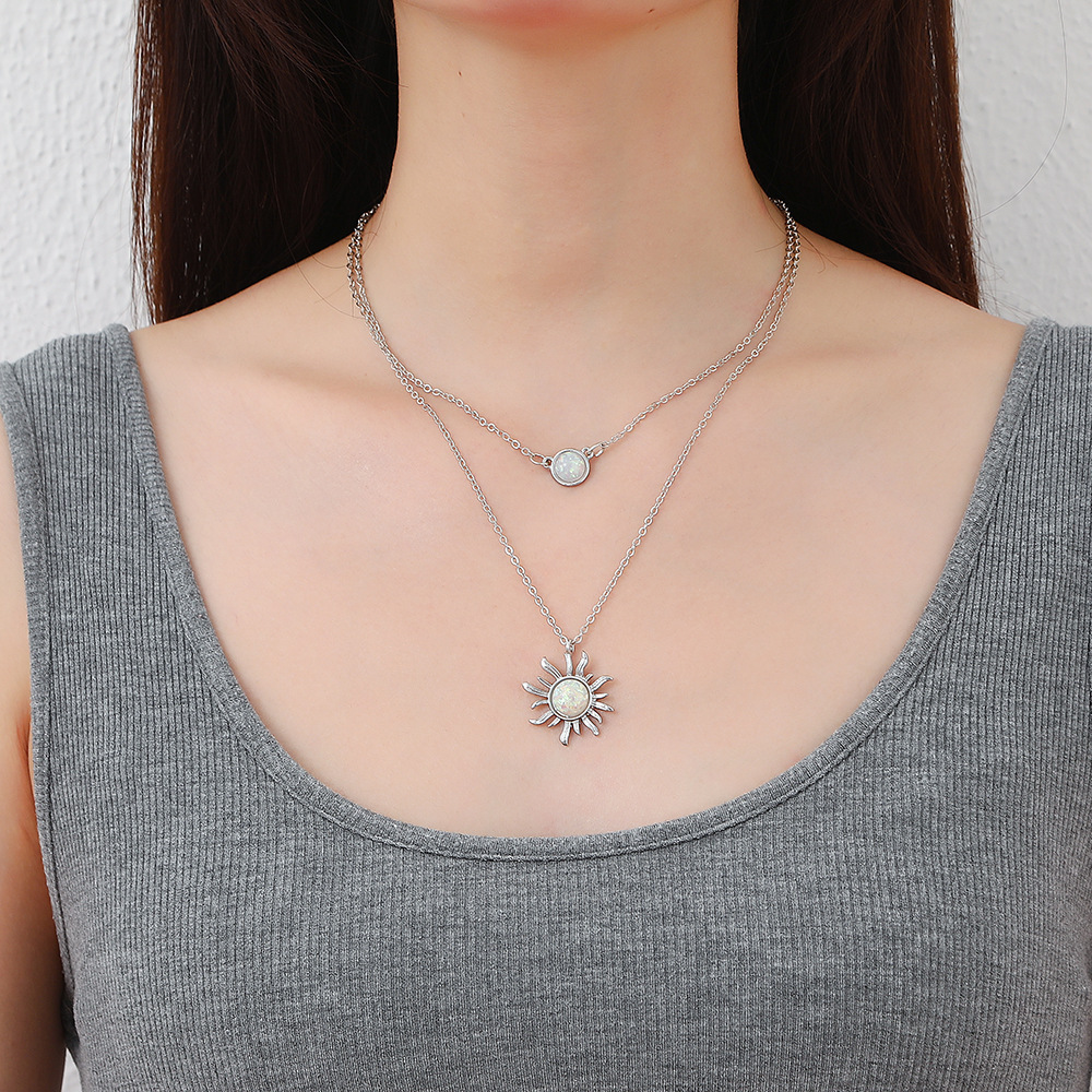 new retro sun multi-layer inlaid opal necklace wholesale nihaojewelry