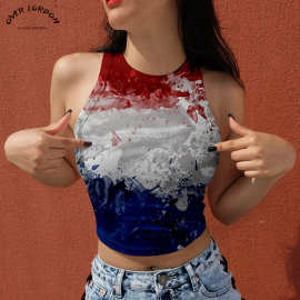 亚马逊夏季吊带背心上衣女式挂脖上衣创意印花圆领无袖露脐背心