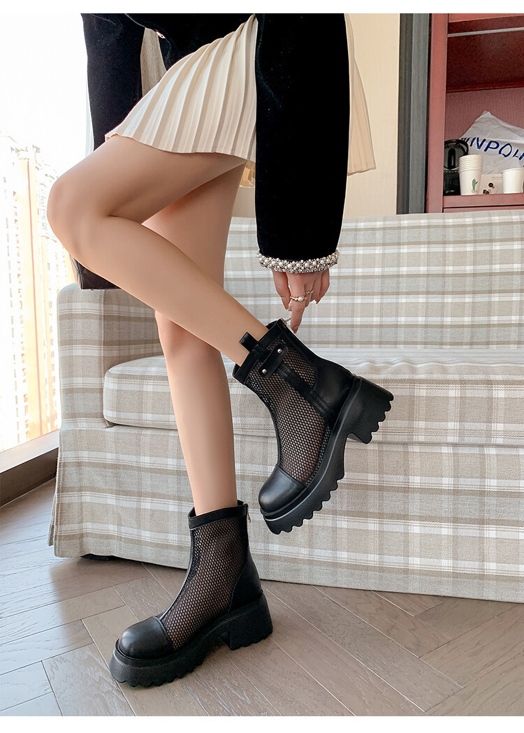 Boot nữ cổ cao đế dày gót bánh xốp da bò lưới thoáng khí xuân hè 2024 — Màu đen, Màu trắng be chi tiết 43