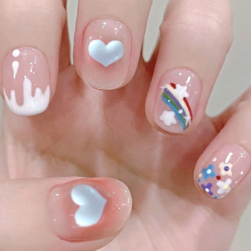 Eco-friendly and healthy personality ice-transparent blush armour love flowing heart milk dopamine rainbow hand-painted small flower nail art patch