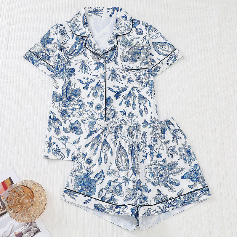 Cross-Border European and American Women's Pajamas Set Floral Printed Short-Sleeved Shorts Home Clothes Loose and Comfortable Cardigan Lapel