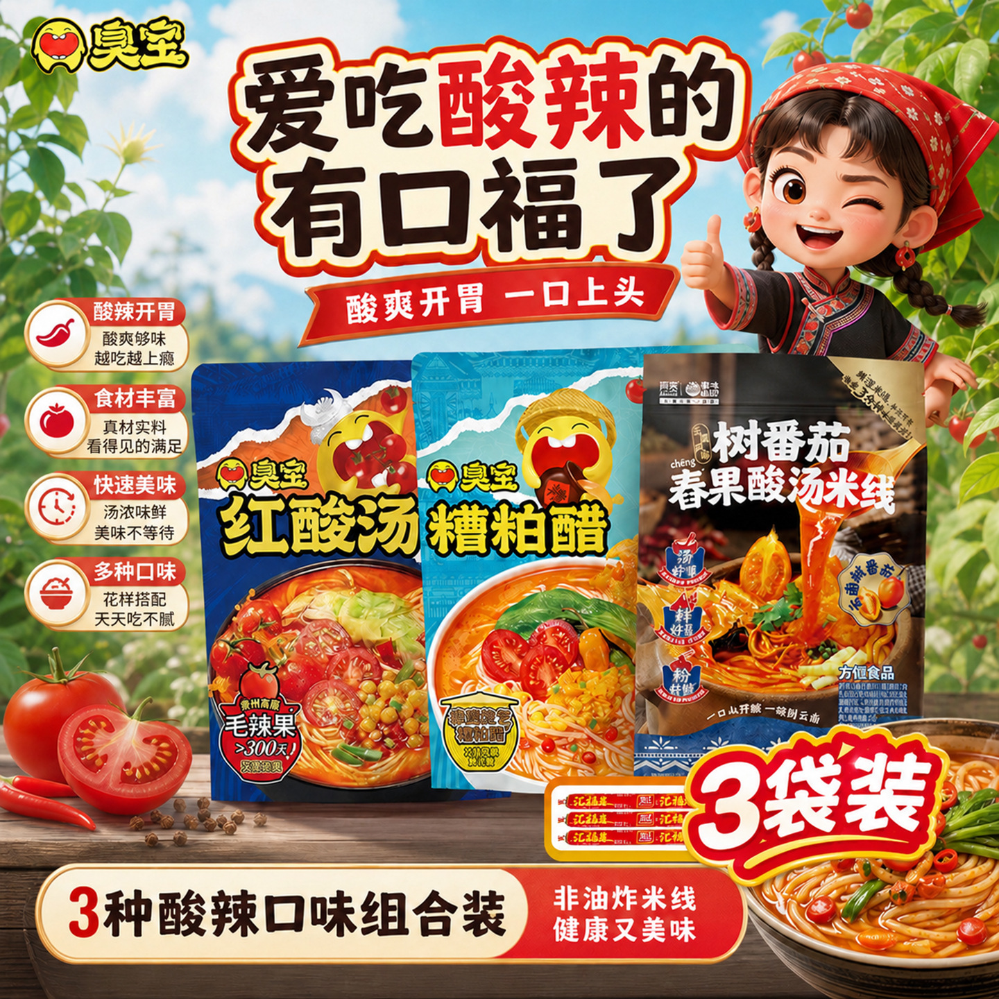 臭宝红酸汤粉糟粕醋阿宽树番茄米线3口味组合装酸辣速食米线米粉