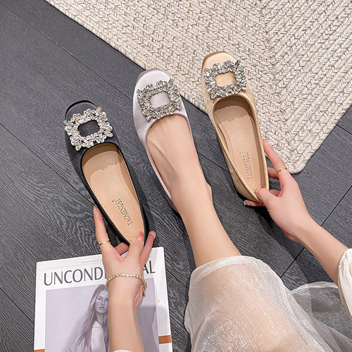 Grape Mom Women's Shoes 2024 New Spring Shoes Shallow Mouth Versatile Wedding Shoes Rhinestone Large Size Square Toe Flat Shoes