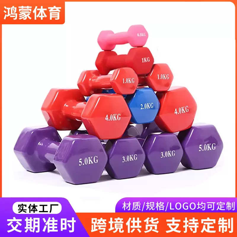 女士小哑铃一对家用健身器材六角磨砂哑铃光面瑜伽瘦手臂浸塑哑铃