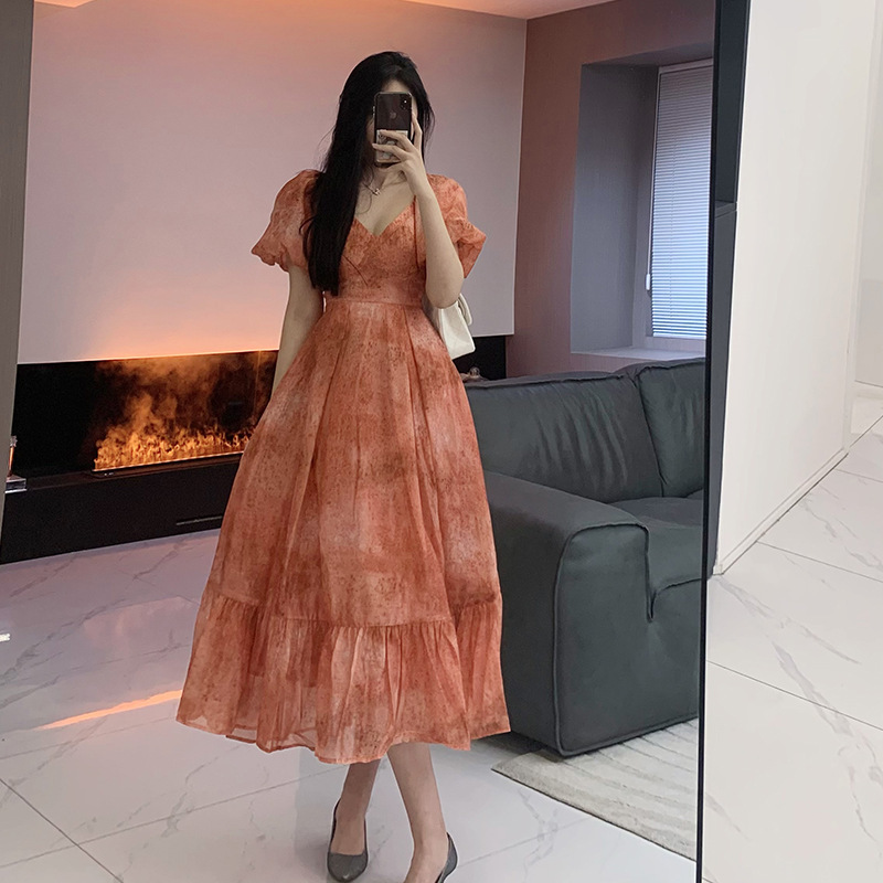 Spot Aconi Sunset Fireworks French Retro Niche High-End Printed V-Neck Puff Sleeve Long Dress for Vacation