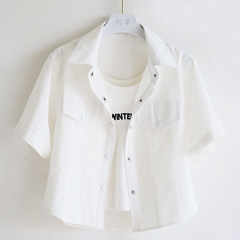 Short cotton denim shirt for women, new summer Korean style, loose and versatile, casual short-sleeve collared shirt for women