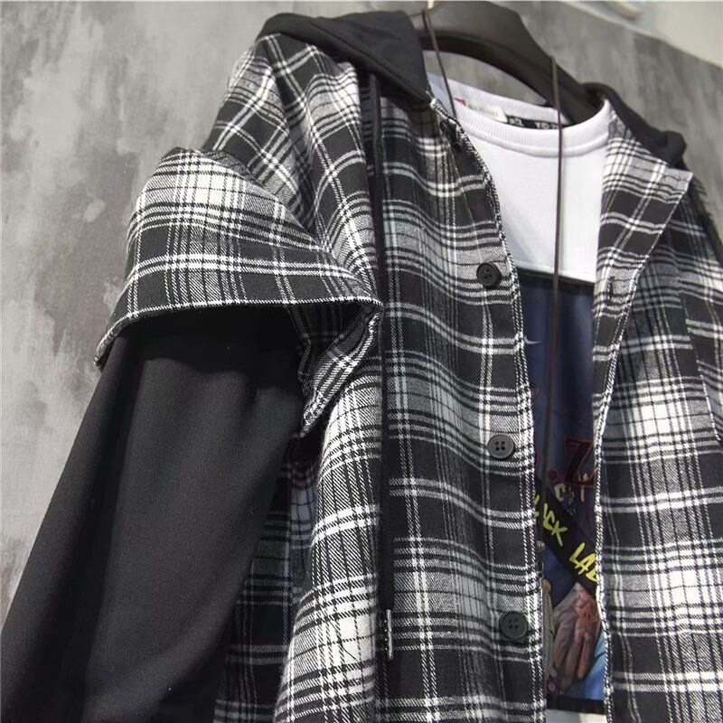 Spring and Autumn Men's Plaid Shirt with Hood, Long-Sleeved Korean Style Trendy Patchwork Fake Two-Piece Sun Protection Jacket for Male and Female Students