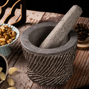 Natural Stone Hand-carved Bluestone Stone Mortar Garlic Mortar Stamping Pot Household Garlic Mashed Grinding and Peeling Garlic Press Garlic Stamping Pot