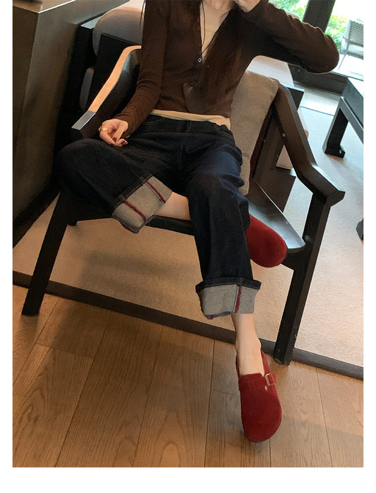 Giày lười nữ da thật lót lông cừu đế dày, giày slip-on cổ thấp giữ ấm mùa đông — Hàng sẵn sàng nhung đỏ, Khaki cộng với nhung sẵn có, Màu nâu cộng với nhung sẵn có, Nhung nâu có sẵn chi tiết 23