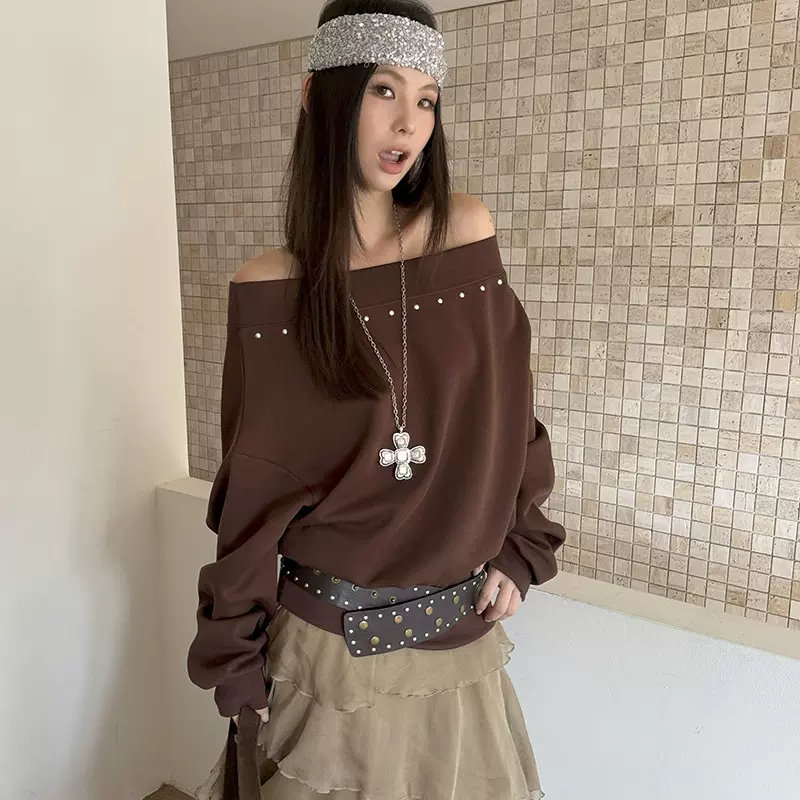 MMFISH时髦街头斜肩美式铆钉大版复古秋露肩宽松休闲卫衣25T496