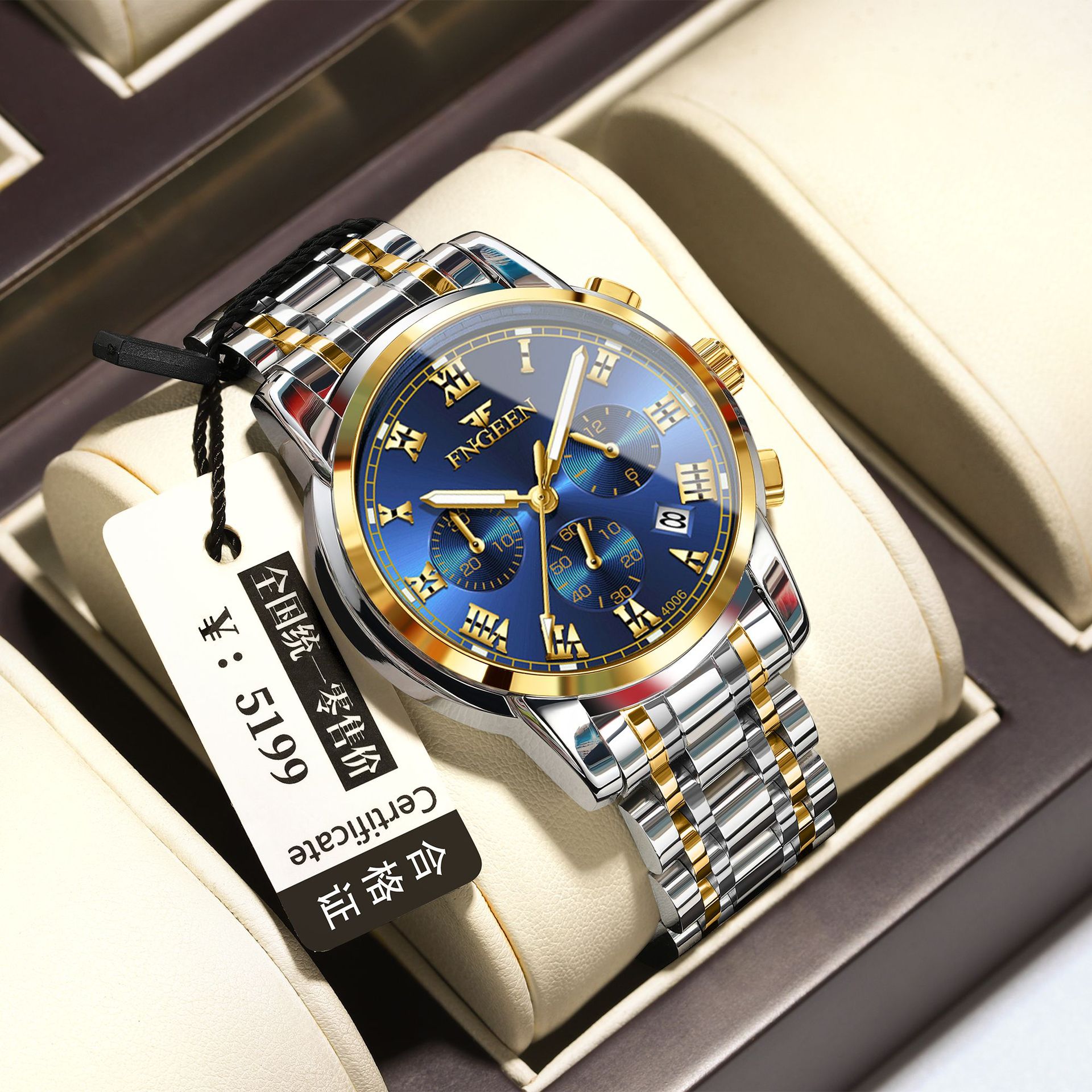 Binbang Couple's Watch Luminous Calendar Waterproof Korean-style Imitation Three-eye Six-pin Men's Business Steel Band Sports Watch