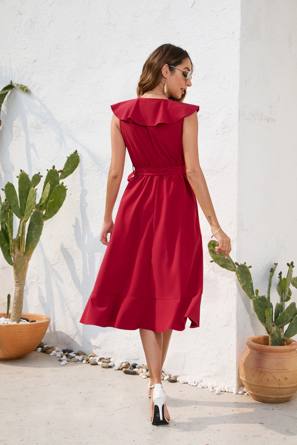 Women Clothing Waist Tight Sexy V neck Dress Casual Vacation Travel Solid Color Dress Sleeveless Split