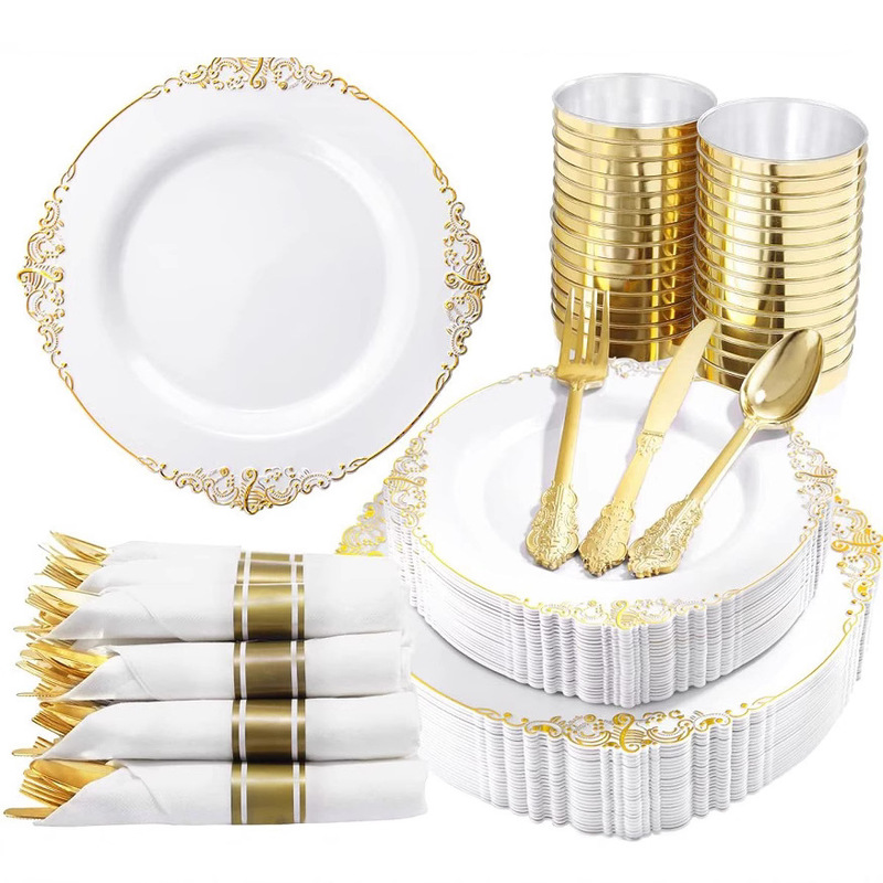 Disposable Dinner Plate Dragon Pattern White Gold Edge Embossed Plate Wine Glass Knife Fork Spoon Ps Hard Plastic Gold Dust-Free Paper Set