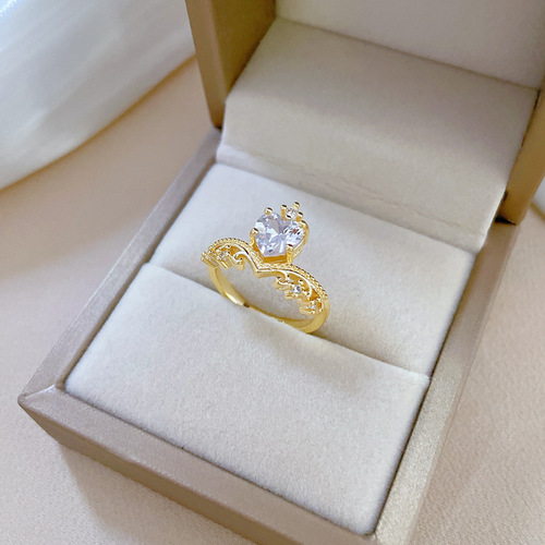 Gold-plated Crown Heart Full Diamond Ring Adjustable Open Simple Japanese Band Couple's Ring