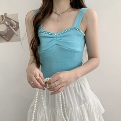 Darning Bead Thread Short-Sleeve Camisole Top 2023 New Summer Korean Style Versatile Fitted Base Layer Knit Top for Women