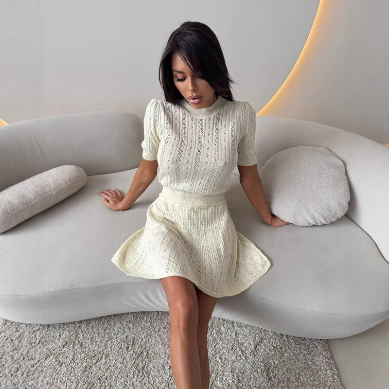 European and American Style Age-reducing Slim-fit Elegant Slim-fit Sweater suit Women's Summer Short-sleeved High Waist Skirt Two-piece Set for Women