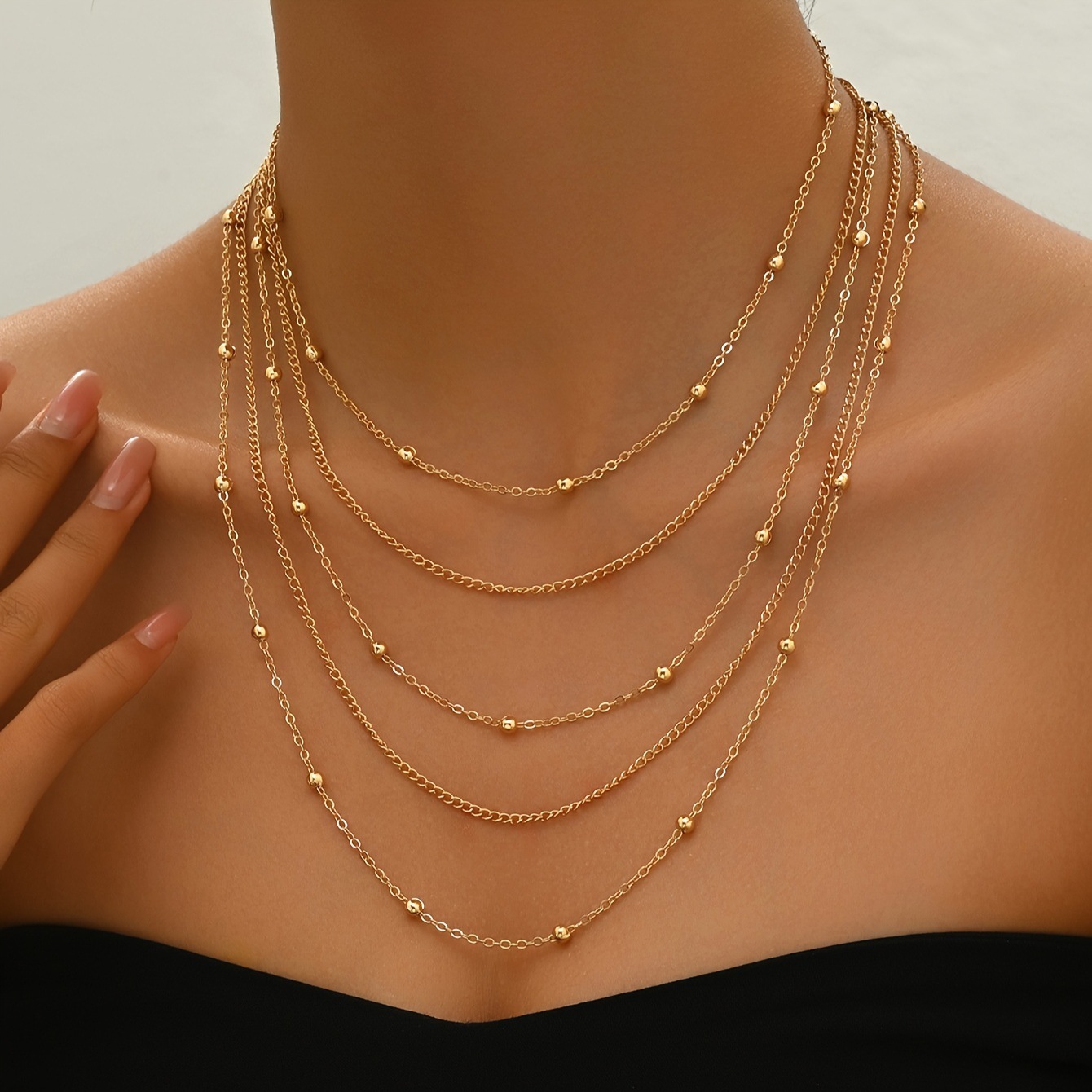 European And American Cross-border Best-selling Multi-layer Bead Necklace, Vintage Fashion 5-layer Stackable Gold_voghion.com