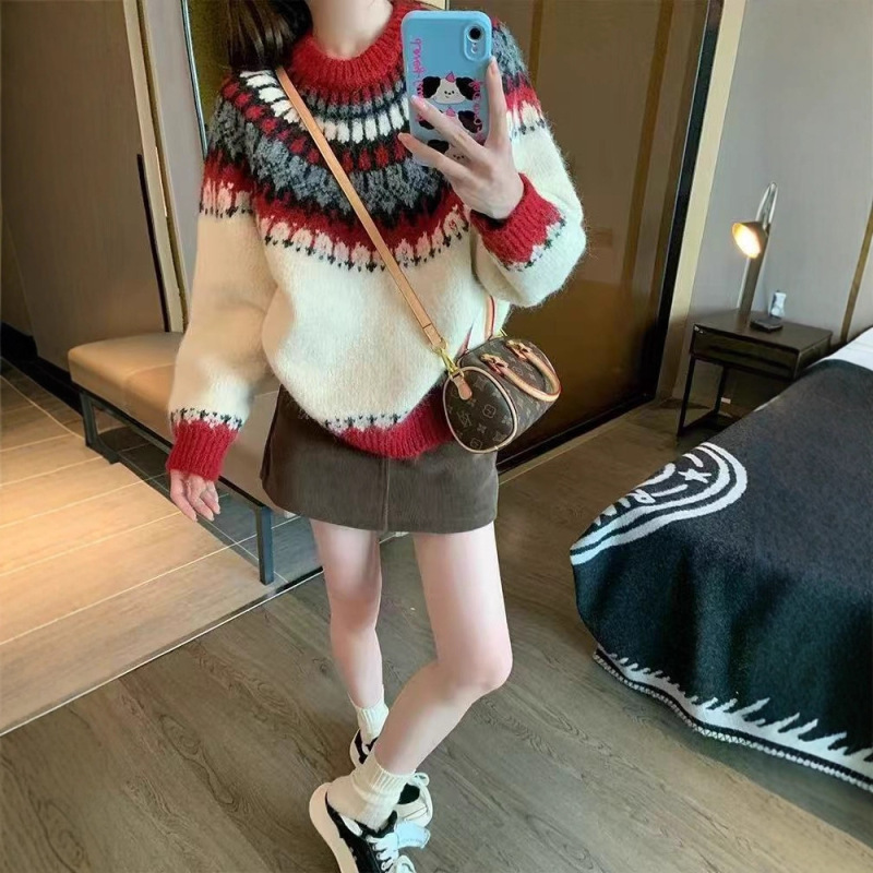 费尔岛套头毛衣女超厚高级感2025新款秋冬复古韩系宽松内搭针织衫|undefined