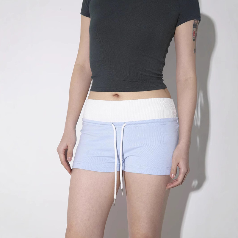 Summer Long-Legged/Contrast Color Wide-Waist Stripesd Drawstring Casual Sexy Shorts for Women to Wear Tight-Fitting Hip-Hugging Hot Pants in Summer