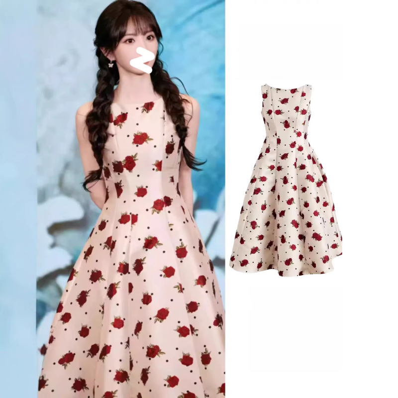 Tian Xivi Celebrity-Inspired 2026 French Retro Rose Dress for Women, Elegant and Slimming Sleeveless Tank Long Dress for Summer