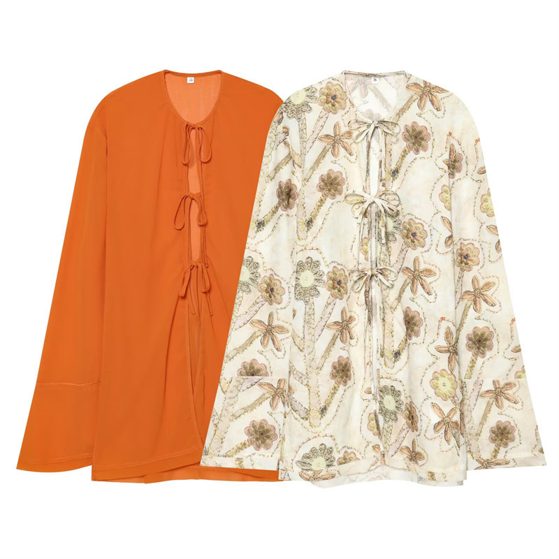 Foreign Trade Cross-Border 2026 New Summer European and American Style Front-Tie Shirt Long-Sleeved Top 1322436 Foreign Trade Cross-Border 2026 New Summer European and American Style Front-Tie Shirt Long-Sleeved Top 1322436