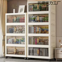 Folding plastic storage cabinet, modular toy organizer with magnetic doors and optional caster wheels
