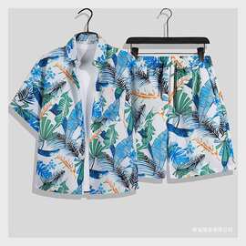 大码套装男装夏季短袖衬上衣服夏威夷海南岛沙滩服海边度假花衬衫