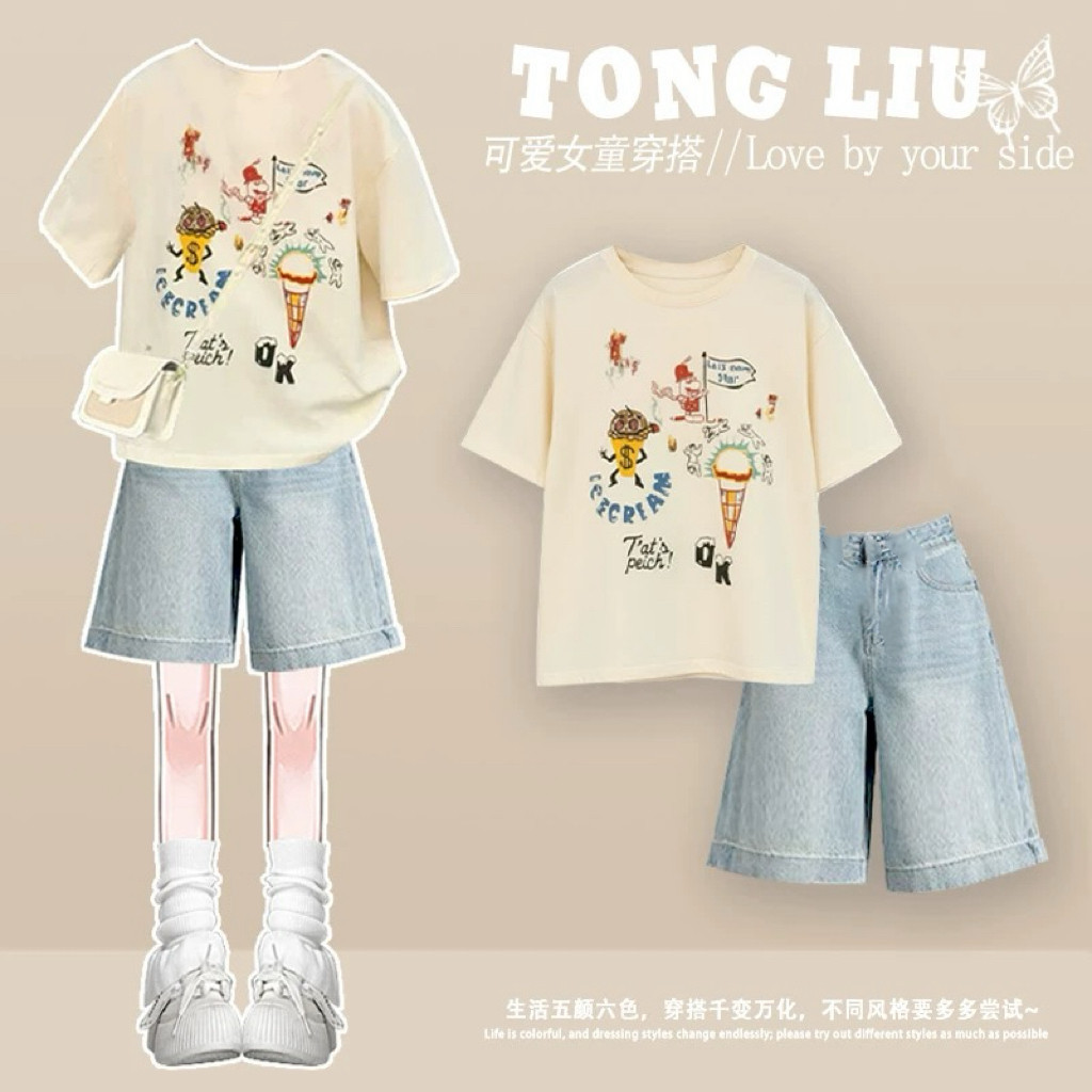 Casual shorts set for junior and senior high school students, girls, summer 2026, pure cotton short-sleeved T-shirt and jeans trendy.