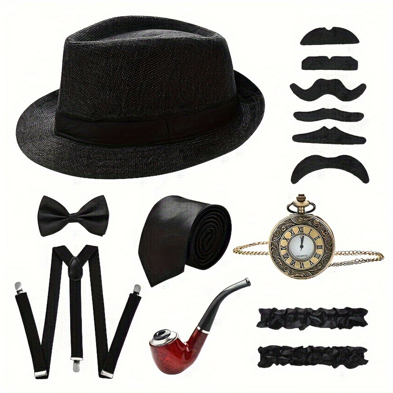 Amazon Hot Sale 1920s Party Ball Men's suit Hat Pipe Bow Tie Tie Strap Pocket Watch Beard Amazon Hot Sale 1920s Party Ball Men's suit Hat Pipe Bow Tie Tie Strap Pocket Watch Beard