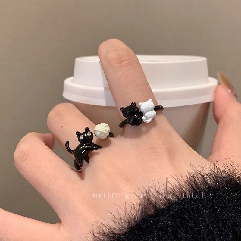Cartoon Funny Black Cat Ring Female Niche Design Open Ring Childlike Cute Simple Suit Index Finger Ring
