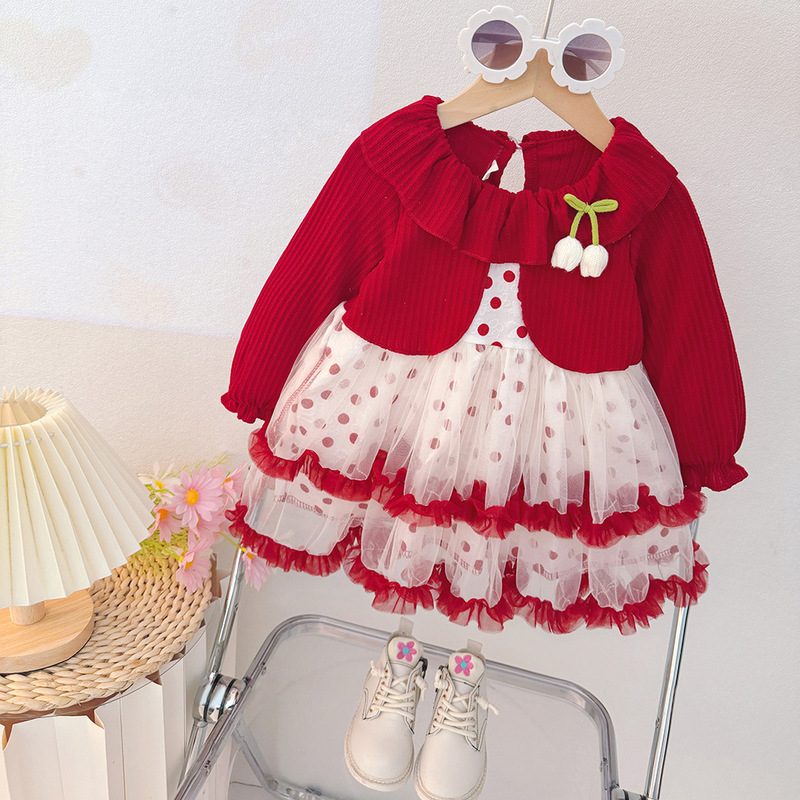2025 Girls Long Sleeve Dress Autumn Baby Mesh Skirt Red Korean Princess Dress Huzhou Children's Clothing Wholesale Trend 2025 Girls Long Sleeve Dress Autumn Baby Mesh Skirt Red Korean Princess Dress Huzhou Children's Clothing Wholesale Trend