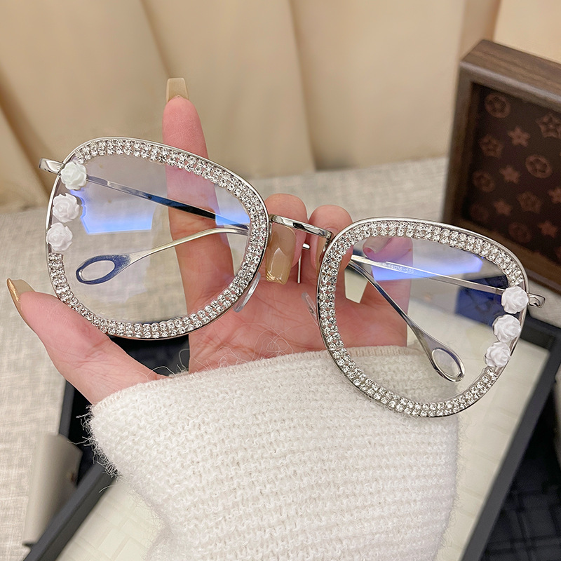 2025年新作ラージフレームメタルダイヤモンドフラットミラー、ヨーロッパとアメリカのクロスボーダー男女兼用紫外線防止メガネ|undefined
