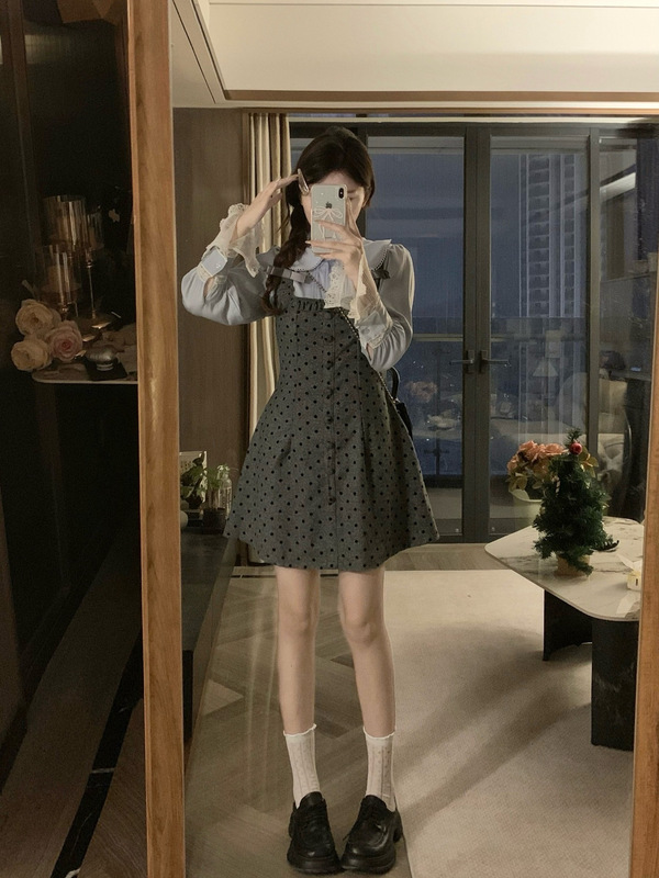 大码女装波点早秋拼接穿搭连衣裙+蓝色衬衣显瘦两件套|undefined