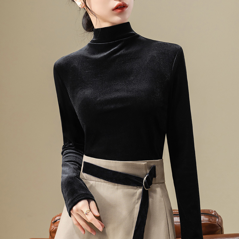 Camisa de fondo de terciopelo para las mujeres 2023 nuevas mujeres elegante medio cuello alto estilo occidental pequeña camisa cintura-apretado interior de manga larga
