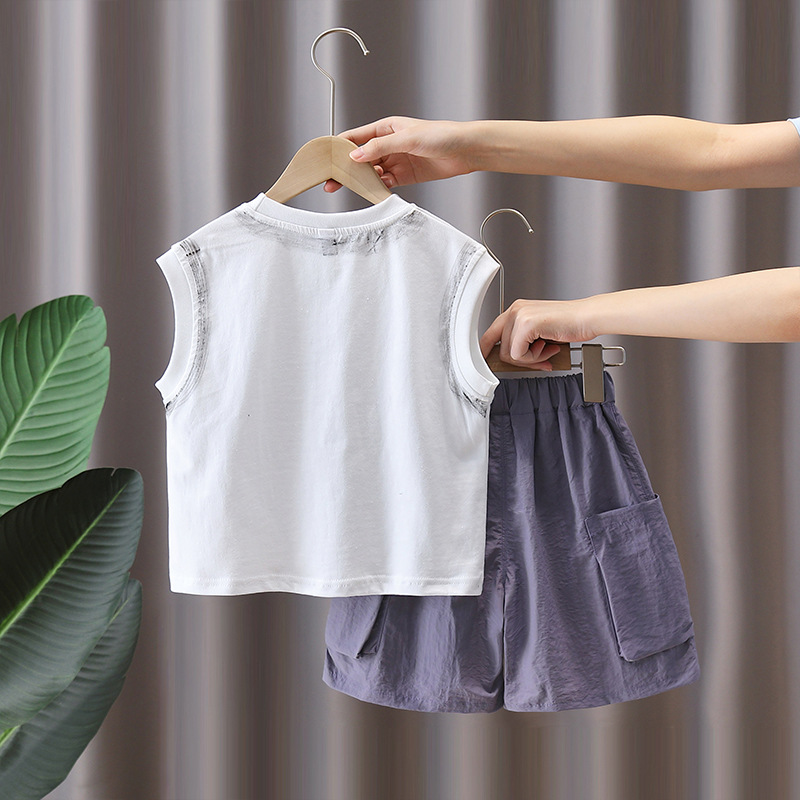 7372 Traje de verano para niños 2025 Nueva ropa sin mangas de verano Chaleco y pantalones cortos de dos piezas de verano